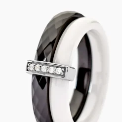 Bague Barette Bicolore Ceramique Argent Blanc Oxyde De Zirconium