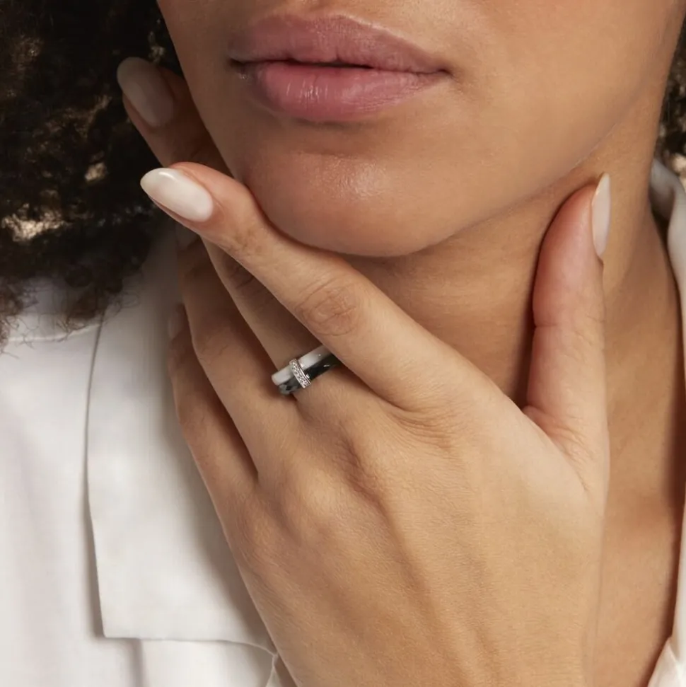 Bague Barette Bicolore Ceramique Argent Blanc Oxyde De Zirconium