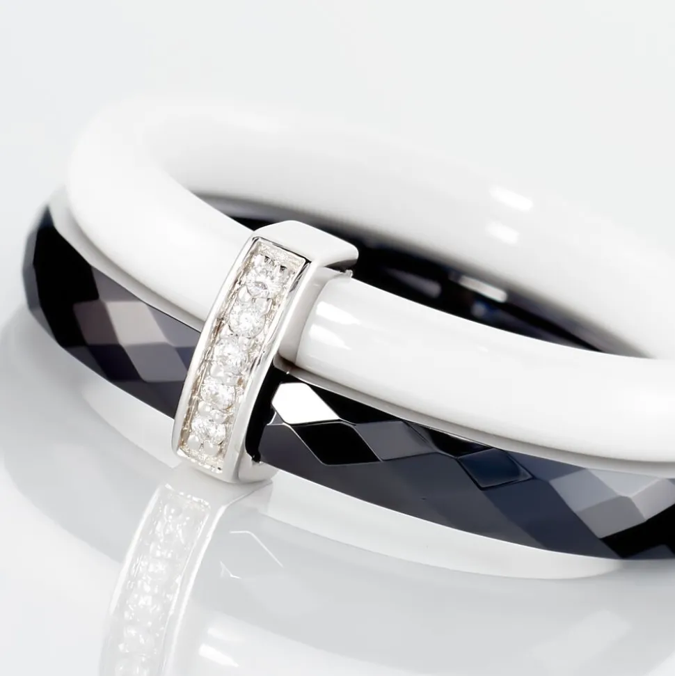 Bague Barette Bicolore Ceramique Argent Blanc Oxyde De Zirconium