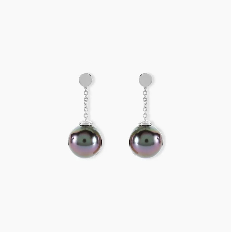 Boucles D'oreilles Pendantes Semi-ronde Or Blanc Perle De Tahiti