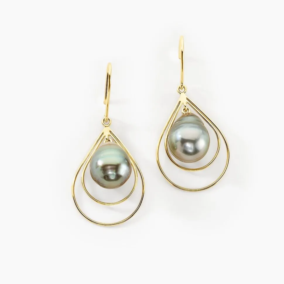 Boucles D'oreilles Pendantes Martyna Or Jaune Perle De Tahiti