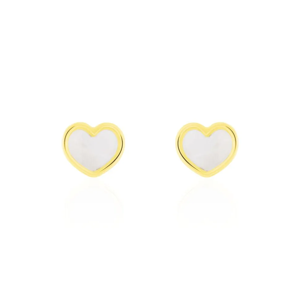 Boucles D'oreilles Puces Amaryllis Coeur Or Jaune Nacre