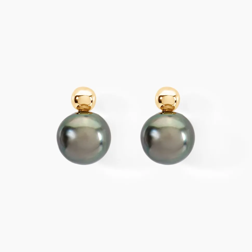 Boucles D'oreilles Puces Baroque Or Jaune Perle De Culture De Tahiti