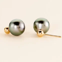 Boucles D'oreilles Puces Baroque Or Jaune Perle De Culture De Tahiti