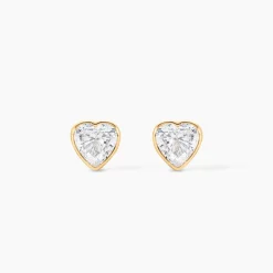 Boucles D'oreilles Puces Coeur Serti Clos Or Jaune Oxyde De Zirconium