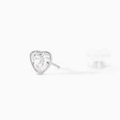Boucles D'oreilles Puces Coeur Serti Clos Or Blanc Oxyde De Zirconium