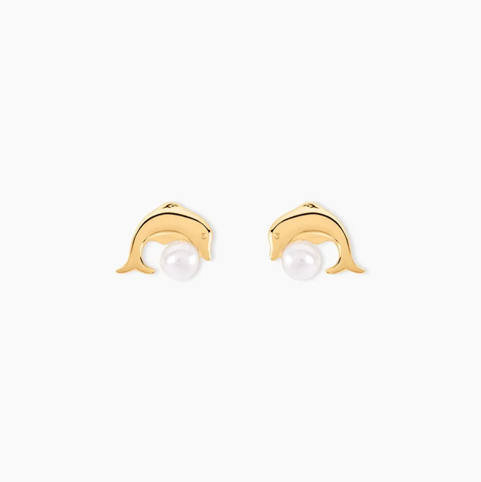 Boucles D'oreilles Puces Dyan Dauphin Or Jaune Perle De Culture