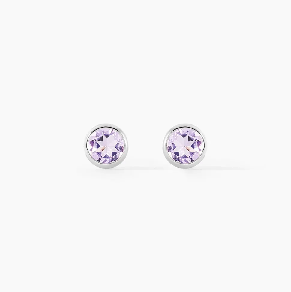 Boucles D'oreilles Puces Edy Serti Clos Or Blanc Amethyste