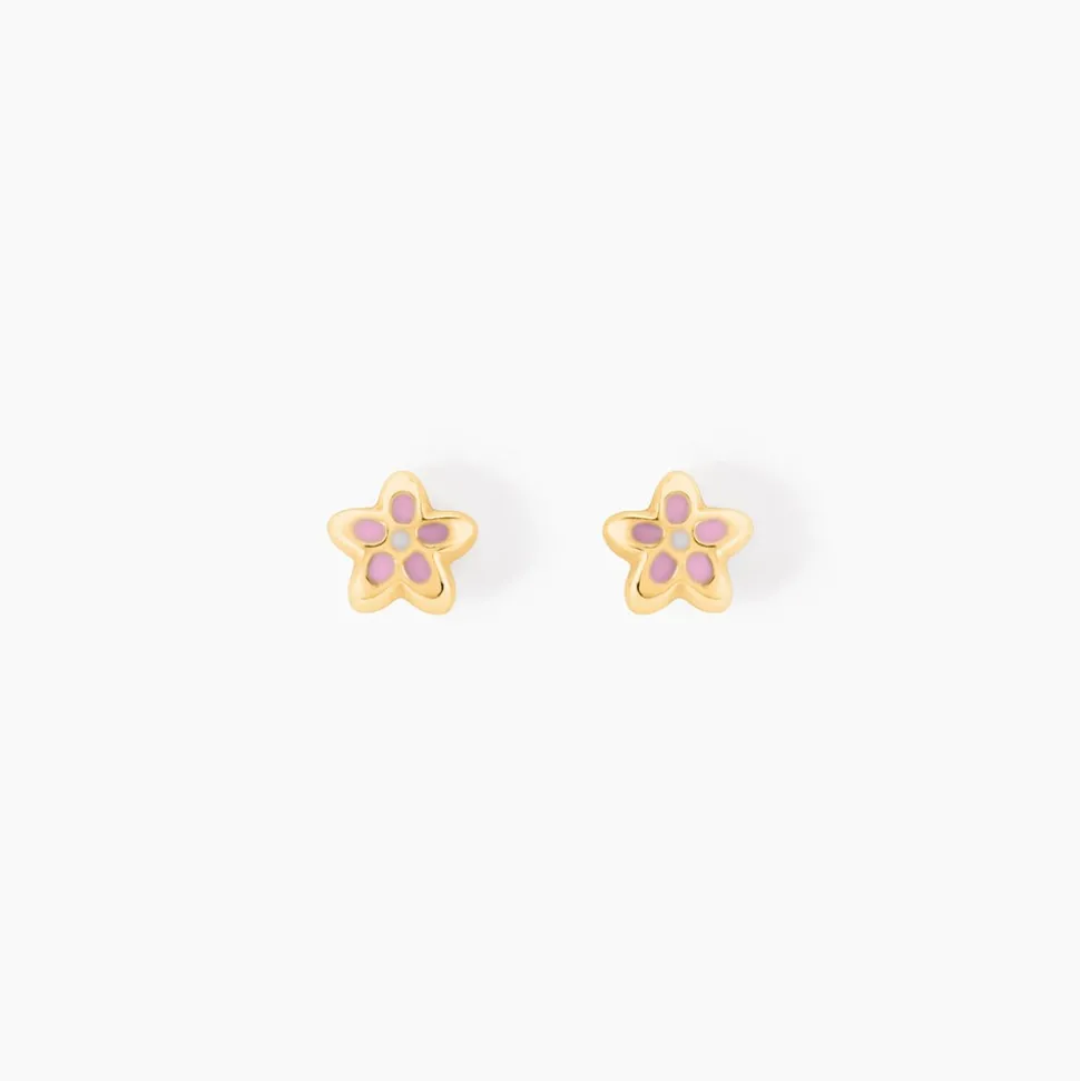 Boucles D'oreilles Puces Fleur Email Or Jaune