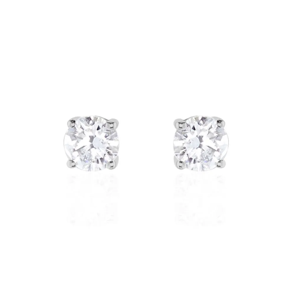 Boucles D'oreilles Puces 4 Griffes Or Blanc Diamant Synthetique