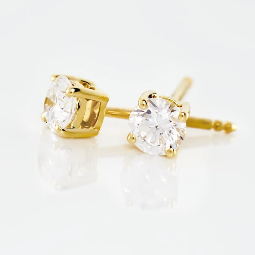 Boucles D'oreilles Puces 4 Griffes Or Jaune Diamant Synthetique