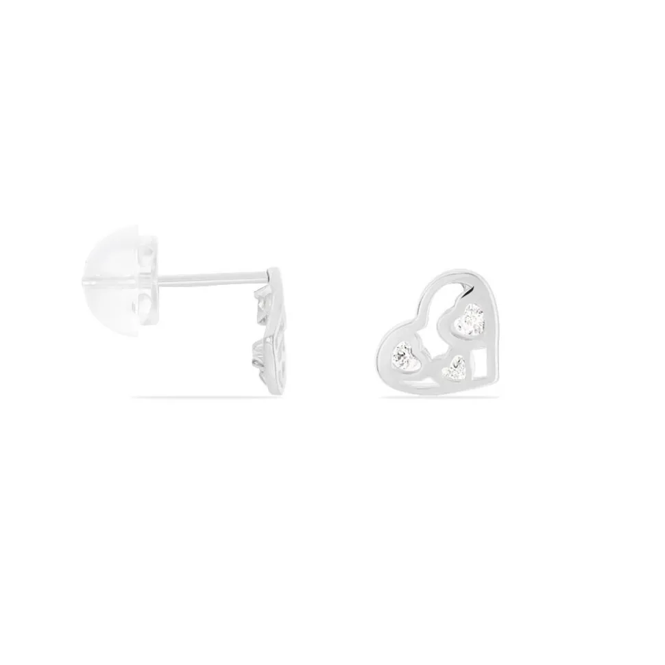 Boucles D'oreilles Puces Huan Cœur Or Blanc Oxyde De Zirconium