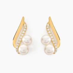 Boucles D'oreilles Puces Loeva Or Jaune Perle De Culture Et Oxyde
