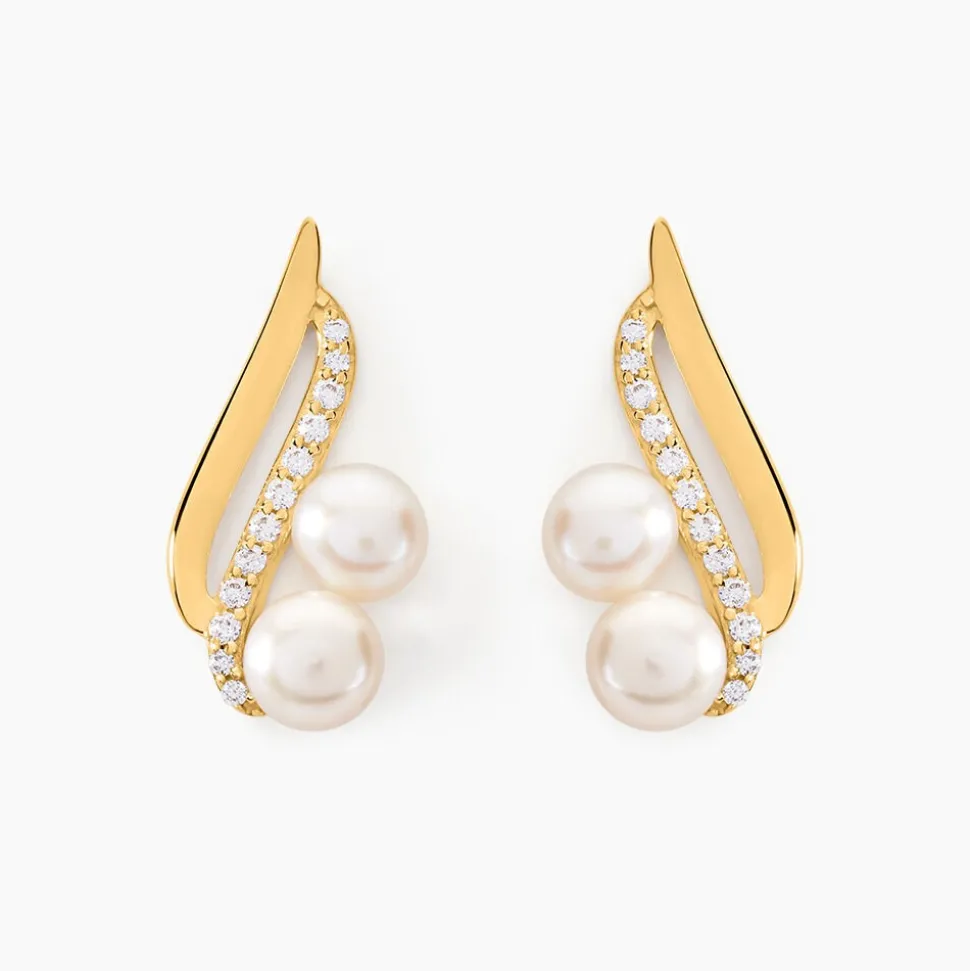 Boucles D'oreilles Puces Loeva Or Jaune Perle De Culture Et Oxyde