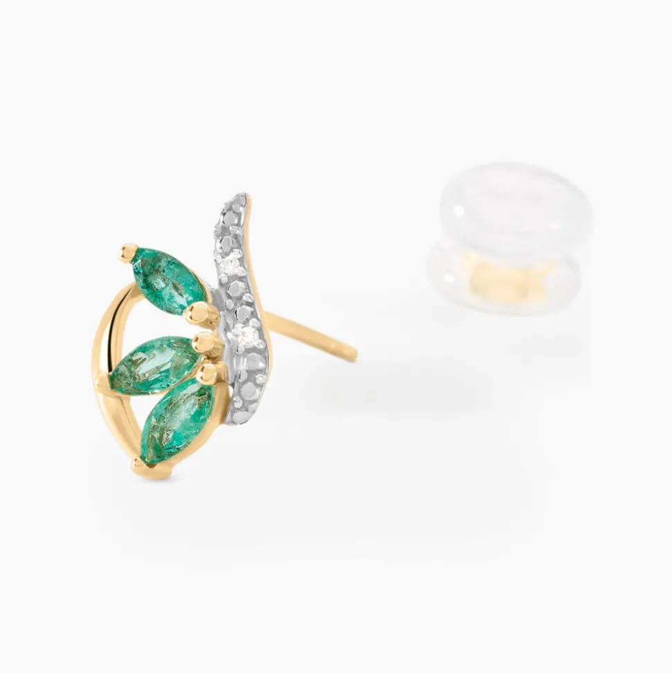Boucles D'oreilles Puces Or Bicolore Petale Emeraude Diamant