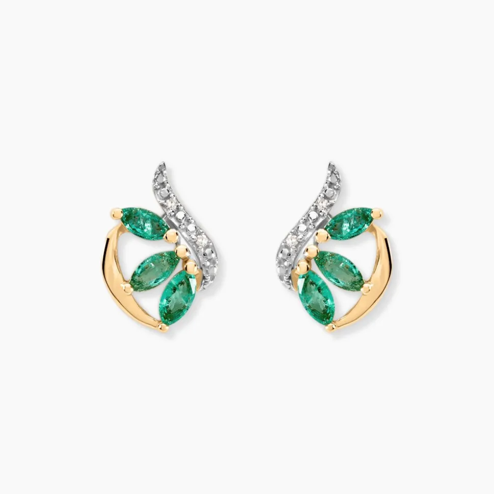 Boucles D'oreilles Puces Or Bicolore Petale Emeraude Diamant