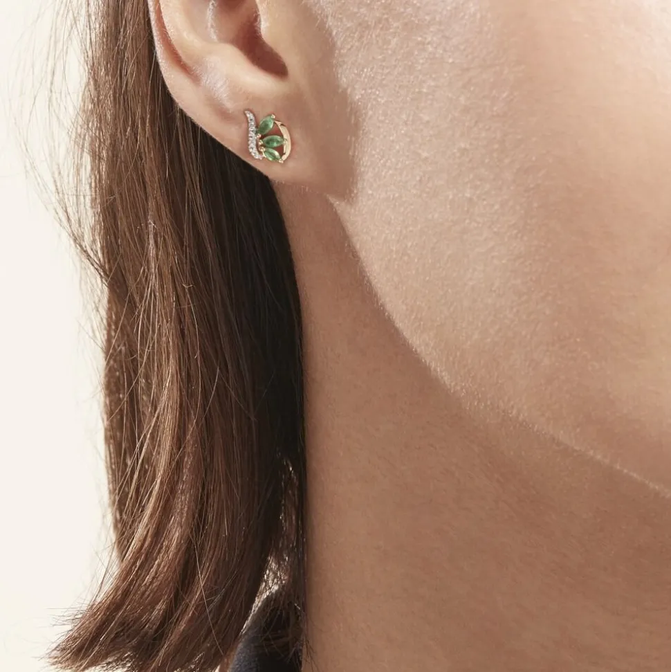 Boucles D'oreilles Puces Or Bicolore Petale Emeraude Diamant