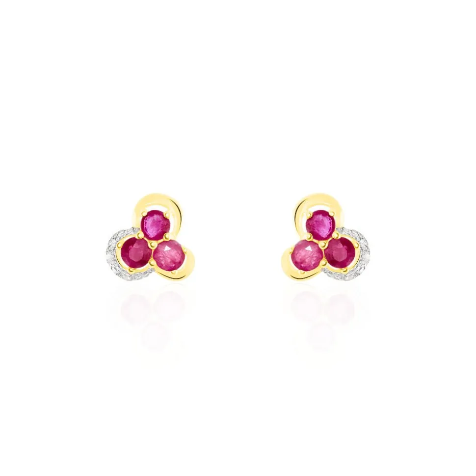 Boucles D'oreilles Puces Orchidea Or Jaune Diamant Et Rubis
