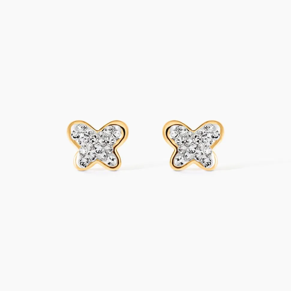 Boucles D'oreilles Puces Or Jaune Cercis Strass