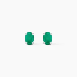Boucles D'oreilles Puces Ovale Or Blanc Emeraude