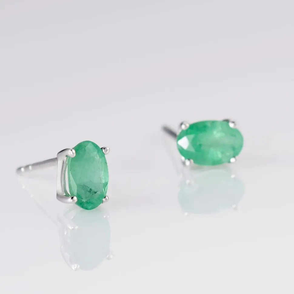 Boucles D'oreilles Puces Ovale Or Blanc Emeraude