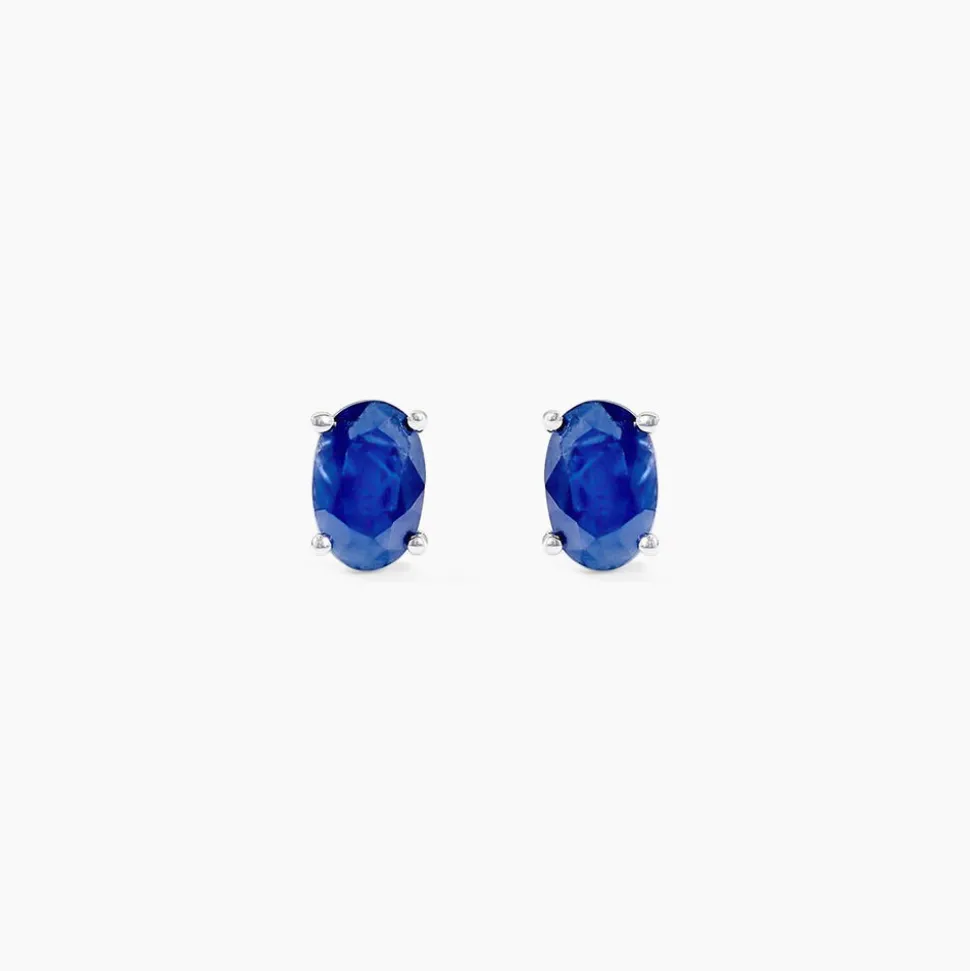 Boucles D'oreilles Puces Ovale Or Blanc Saphir