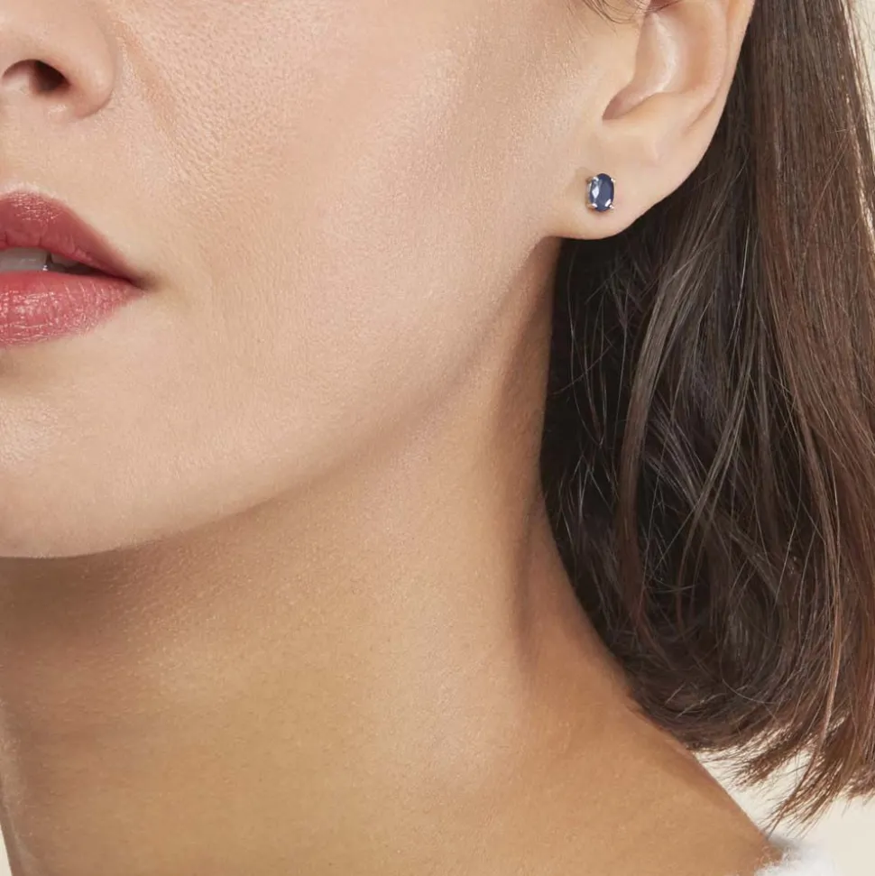 Boucles D'oreilles Puces Ovale Or Blanc Saphir