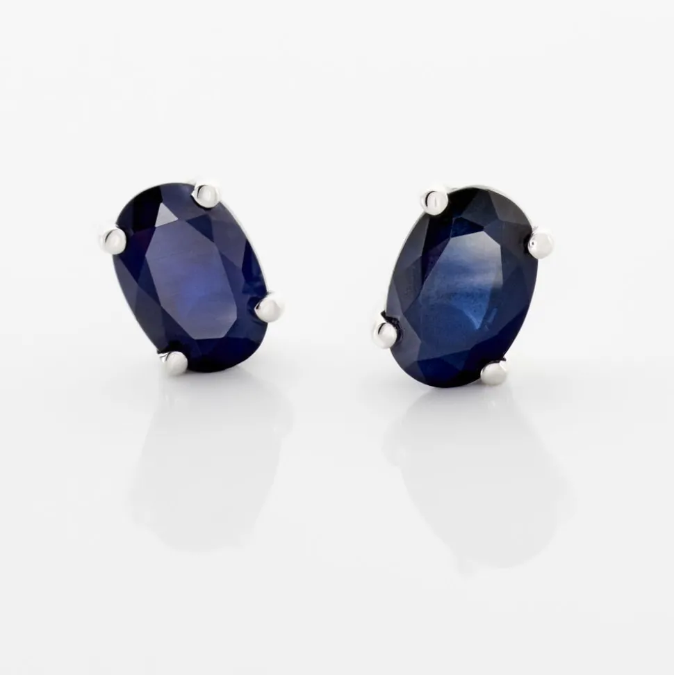 Boucles D'oreilles Puces Ovale Or Blanc Saphir