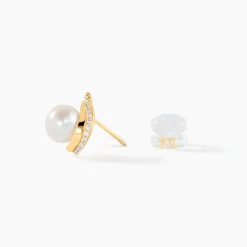Boucles D'oreilles Puces Pearly Or Jaune Perle De Culture Et Oxyde