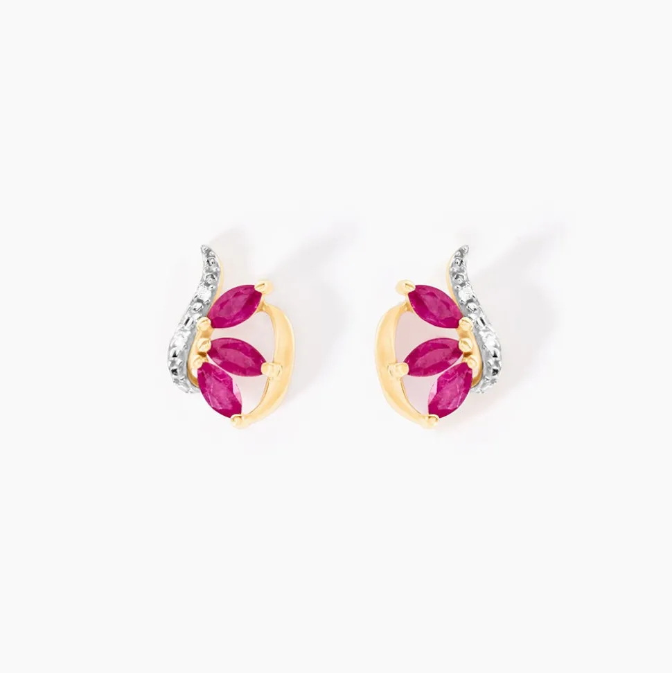 Boucles D'oreilles Puces Petale Or Bicolore Rubis Et Diamant