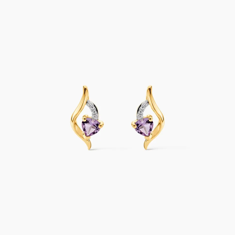 Boucles D'oreilles Puces Silucia Or Jaune Améthyste Oxyde De Zirconium