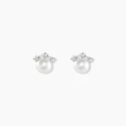 Boucles D'oreilles Puces Yarie Or Blanc Perle De Culture Et Oxyde