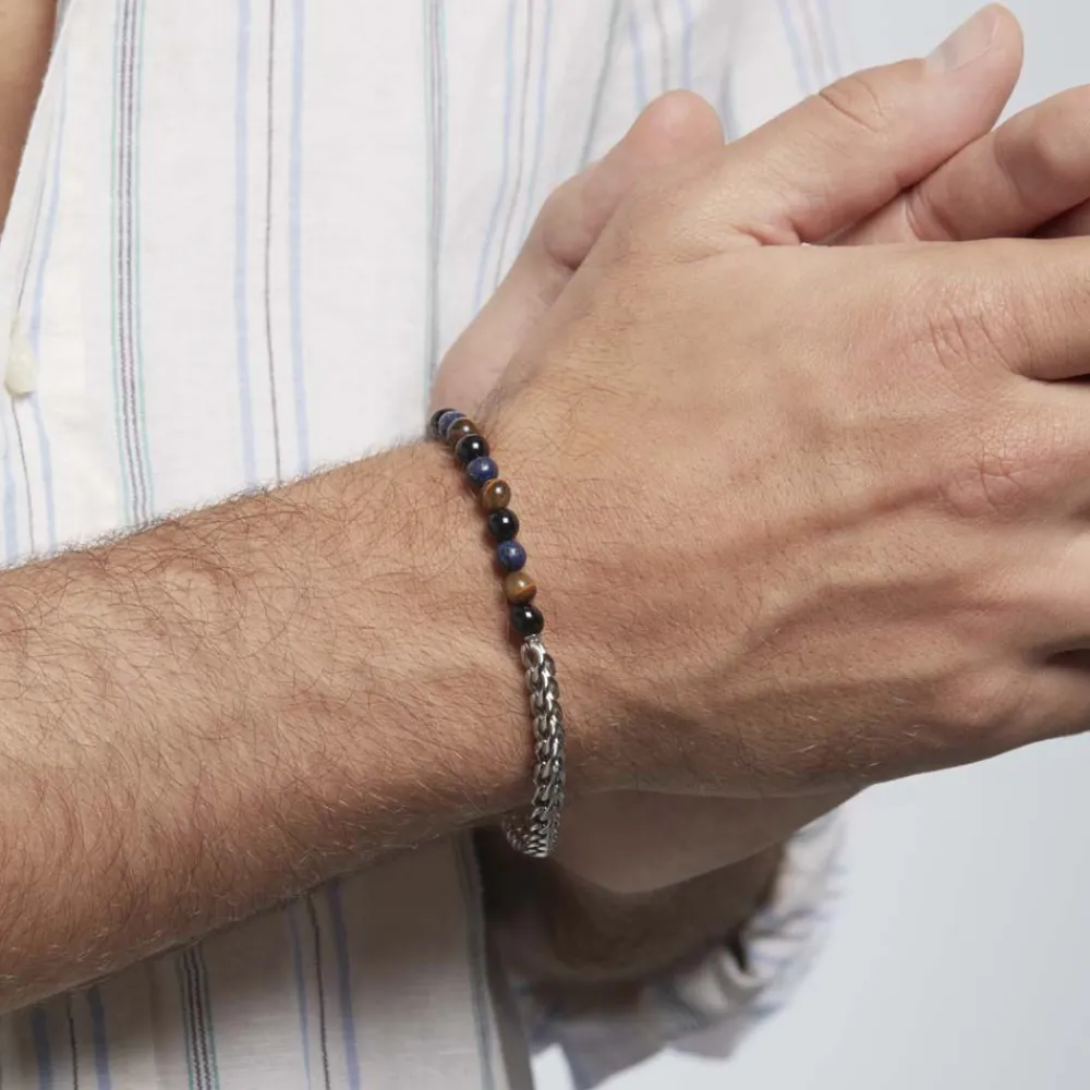 Marc Orian Bracelets Homme|Bracelets Acier Inoxydable > Bracelet Acier Blanc Calum œil De Tigre Onyx Agathe