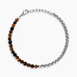 Marc Orian Bracelets Homme|Bracelets Acier Inoxydable > Bracelet Acier Blanc Christiano œil De Tigre Onyx