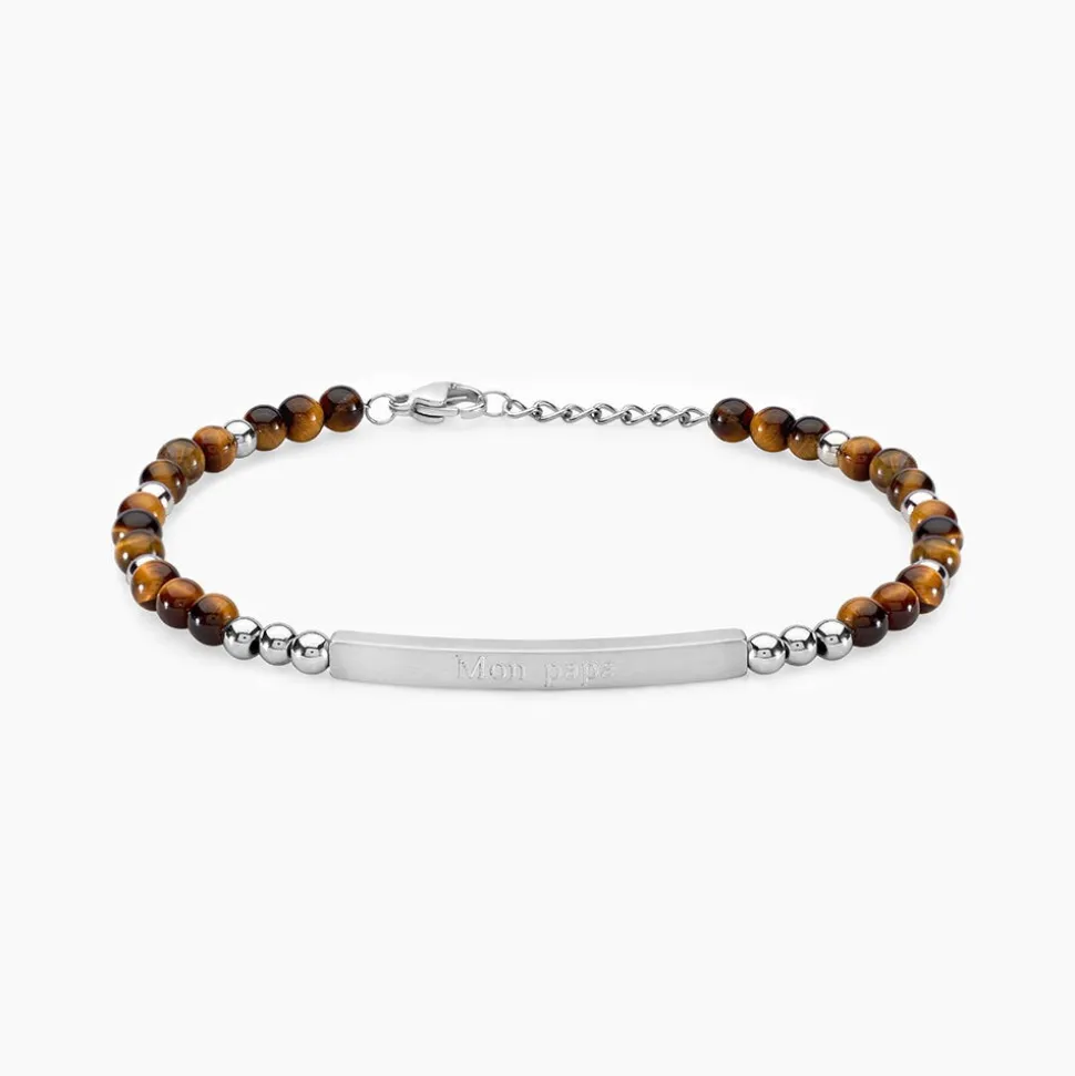 Bracelet Identité Acier Blanc Boules Sebastino œil De Tigre