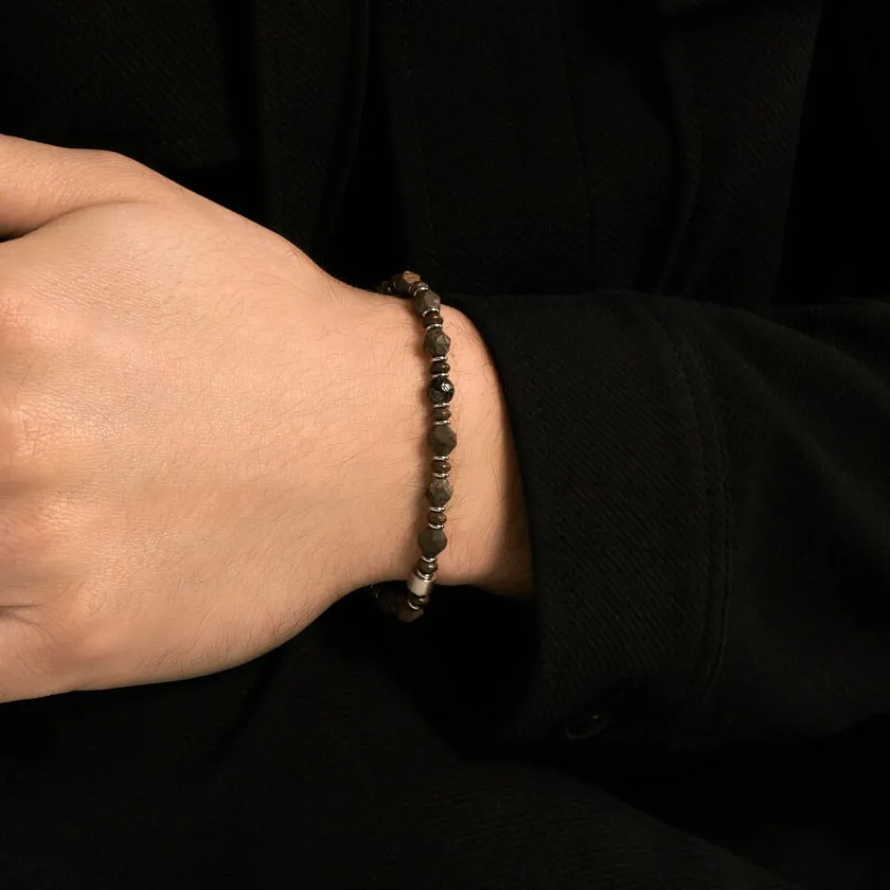 JOURDAN Bracelets Homme|Bracelets Acier Inoxydable > Bracelet Acier Blanc Pierre De Synthese Bronzite