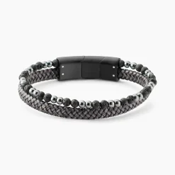 JOURDAN Bracelets Cuir|Bracelets Homme > Bracelet Cuir De Vache Gris Hématite Pierre De Lave