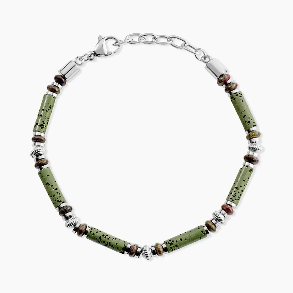 Bracelet Naturel Acier Blanc Jaspe Africain Pierre De Lave