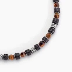JOURDAN Colliers Fantaisie|Colliers > Collier Bengale Acier Argenté Oeil De Tigre Pierre De Lave